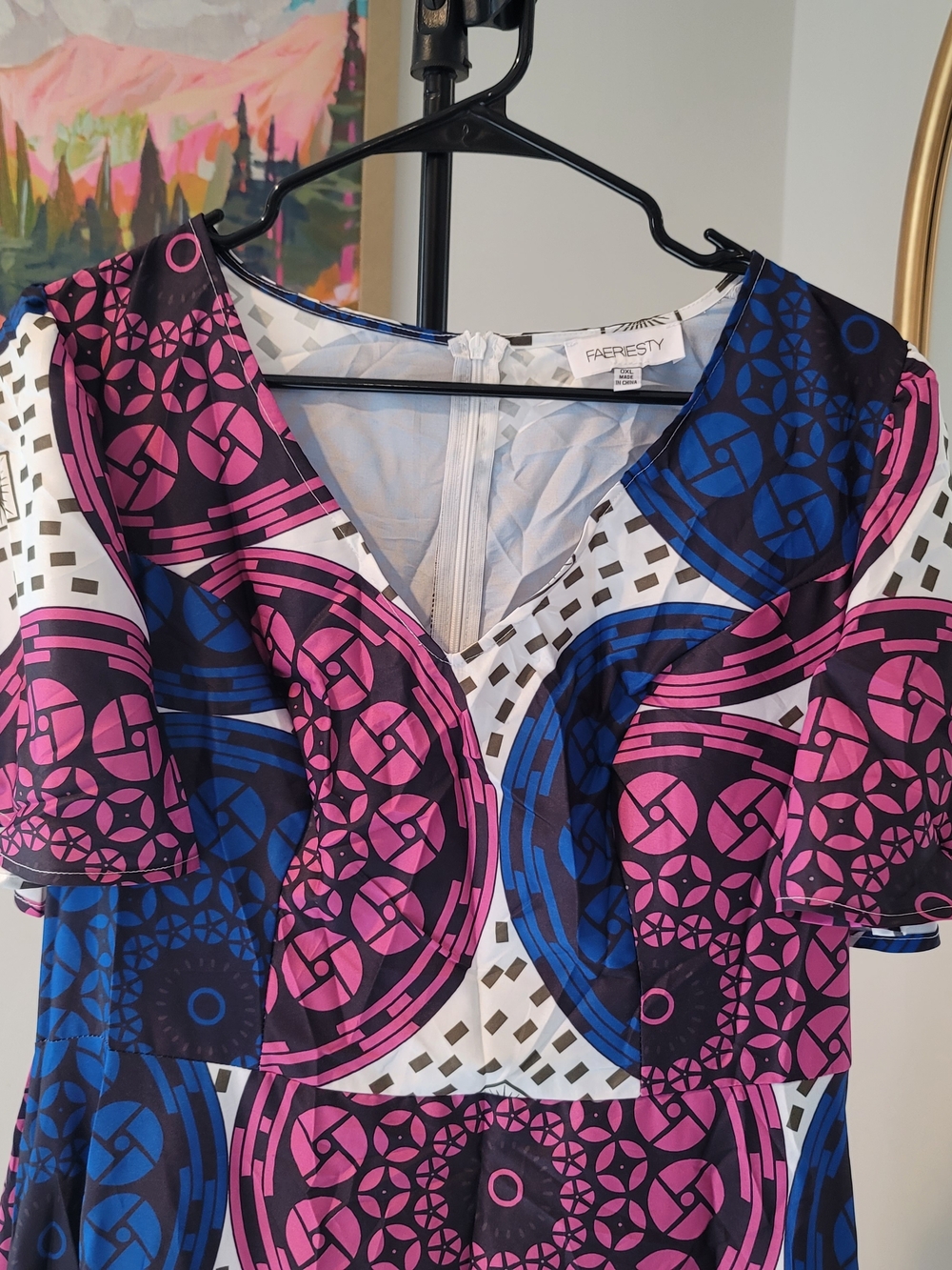NWOT FAEREISTY A-line Flutter Sleeve Pink and Blue Medallion Print Maxi Dress Si - Picture 2 of 9